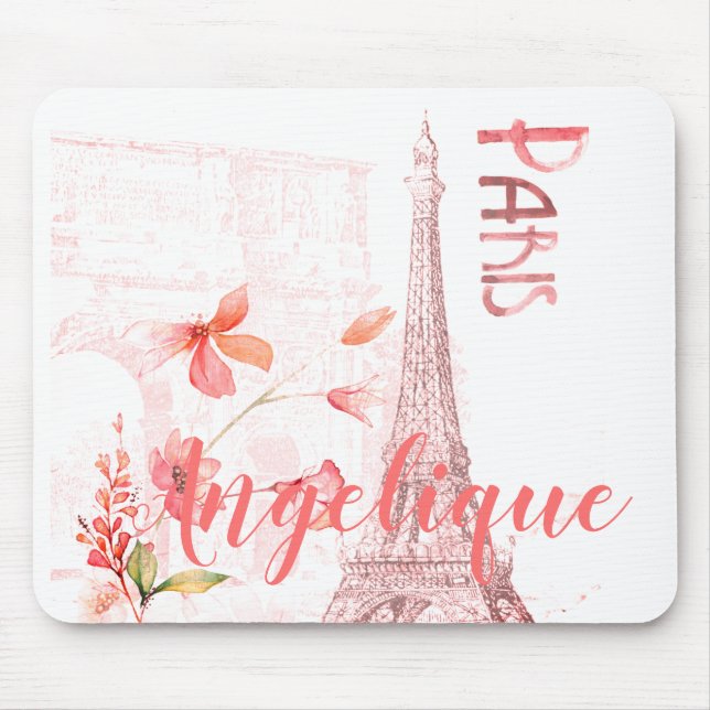 Paris Scene and Pink Flowers Custom Mouse Pad (Front)