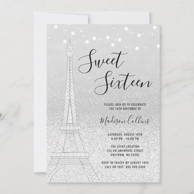 Paris Silver Glitter Lights Sweet 16 Invitation (Front)