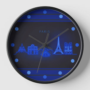 Paris Skline Neon Blue Look Cityscape Wall Round Clock