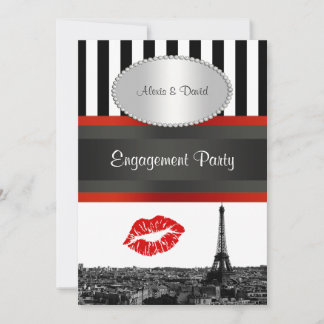 Paris Skyline BW Stripe Red Kiss PV Engagement Invitation