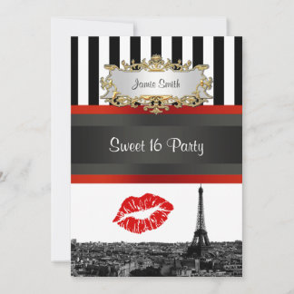 Paris Skyline BW Stripe Red Kiss Sweet 16 Party Invitation