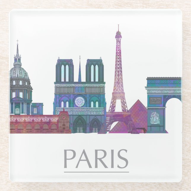 Paris Skyline Coloured Buildings Glass Coaster (Front)