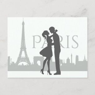 Paris Skyline Eiffel Tower Couple Love Grey, White Postcard