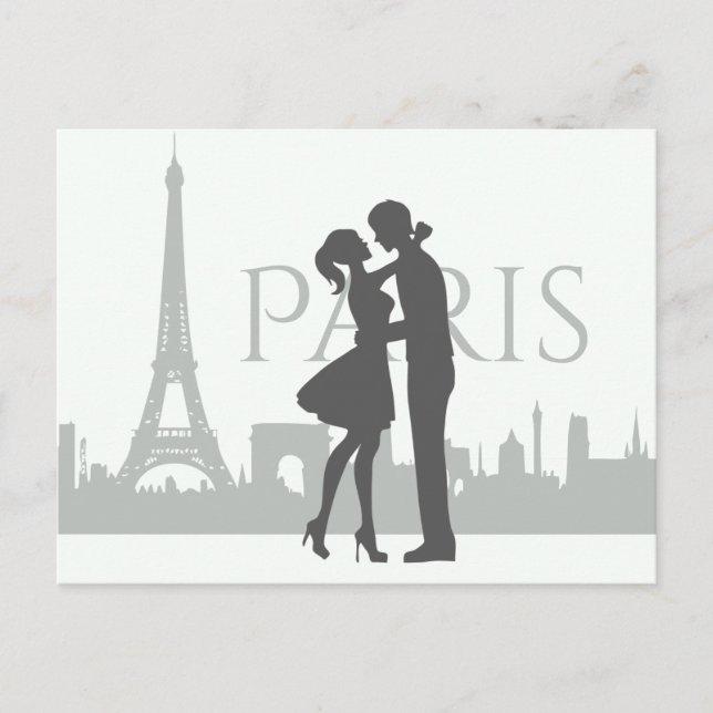 Paris Skyline Eiffel Tower Couple Love Grey, White Postcard (Front)