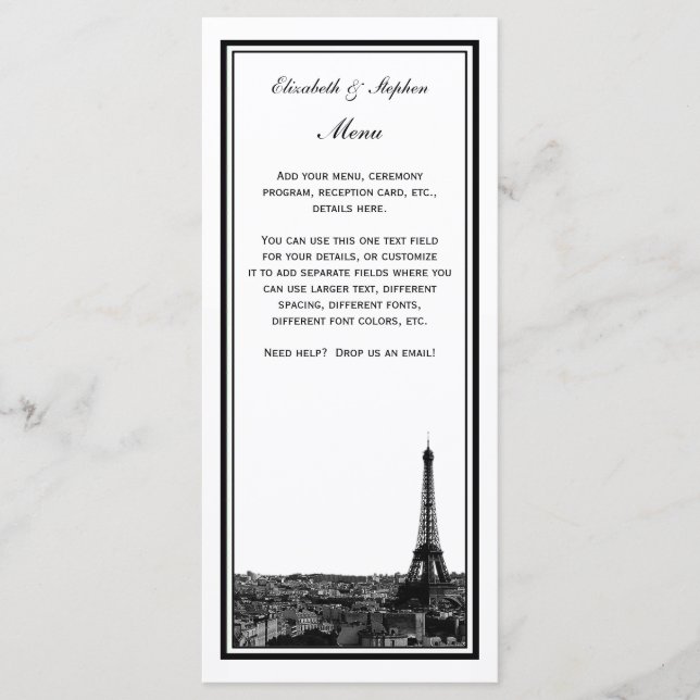 Paris Skyline Etched Framed Menu Card (Front)