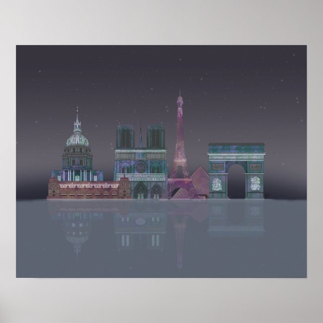 Paris Skyline Night Reflections Poster (Front)
