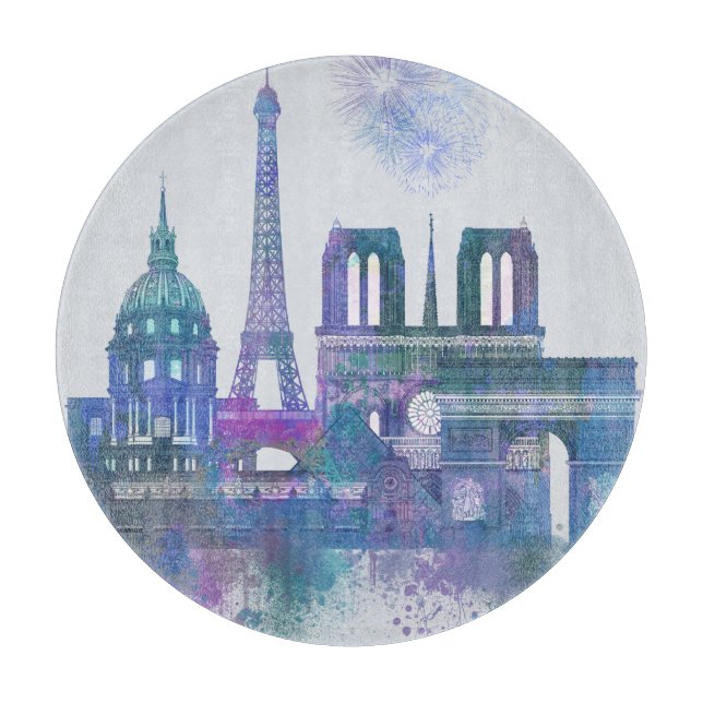 Paris Skyline - Watercolor Blue Cutting Board (Front)