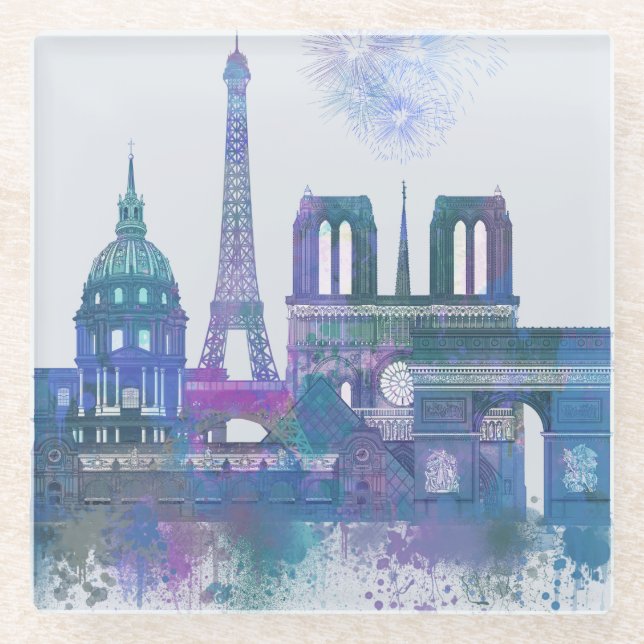 Paris Skyline - Watercolor Blue Glass Coaster (Front)