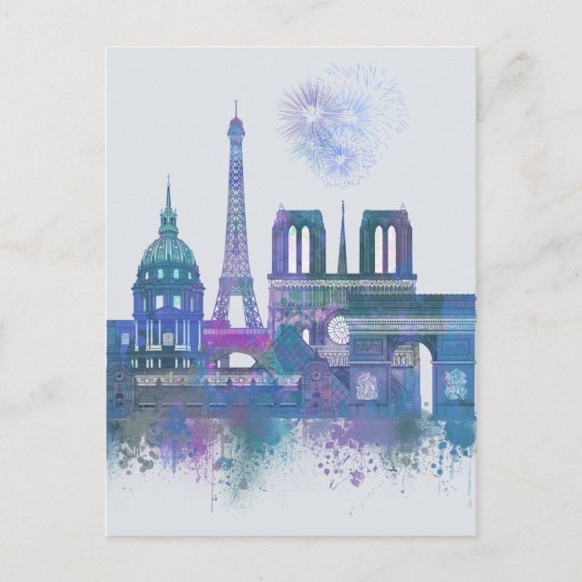 Paris Skyline - Watercolor Blue Postcard (Front)
