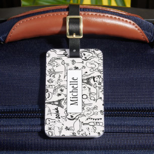 Paris Street Scene Black & White Line Drawing  Luggage Tag