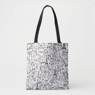Paris Street Scene Black & White Line Drawing Tote Bag