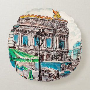 Paris street view of the theatre Wicked cafe pede Round Cushion
