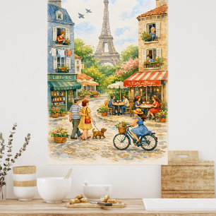 Paris Street Watercolor Poster, Eiffel Tower Wall Poster