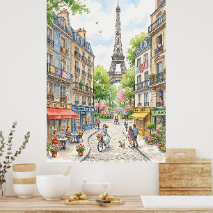 Paris Street Watercolor Poster, Eiffel Tower Wall  Poster