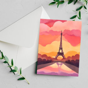 Paris Sunset Eiffel Tower France Watercolor Card