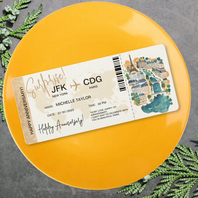  Paris Surprise Anniversary Boarding Pass Ticket Invitation (surprise boarding pass ticket trip to paris with watercolor illustrated map)