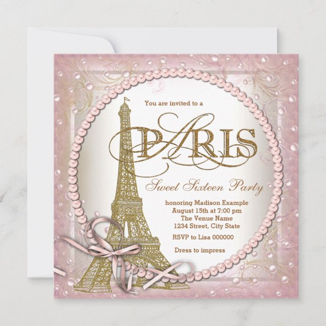 Paris Sweet 16 Party Pink and Gold Pearl Invitation (Front)