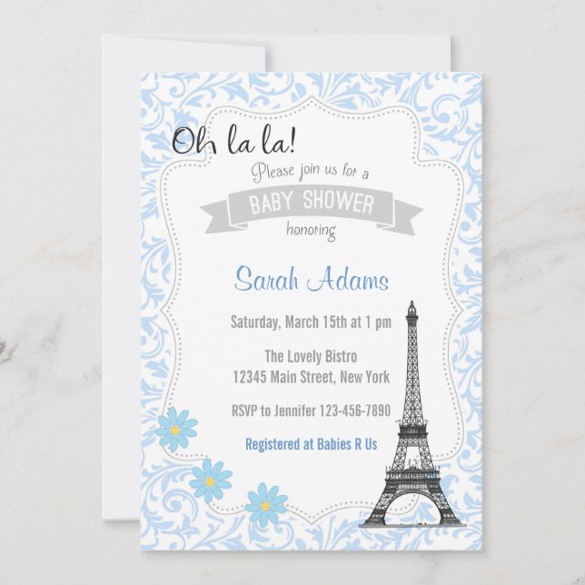 Paris Theme Baby Shower Invitation Blue (Front)