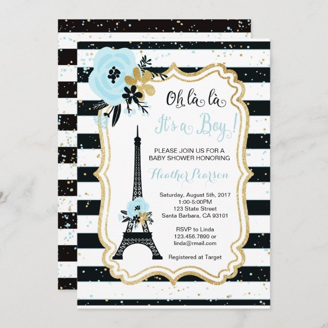 Paris Theme Baby Shower Invitation- Blue Invitation (Front/Back)