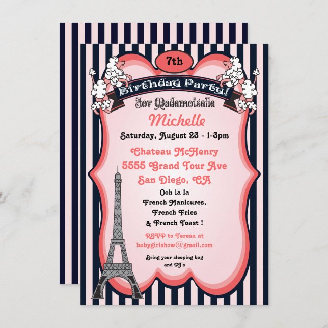 Paris theme Birthday Party Invitations (Front/Back)