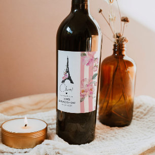 Paris theme eiffel tower pink black bridal shower wine label