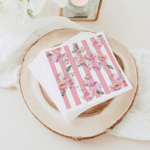 Paris theme pink stripes floral peony bridal napkin