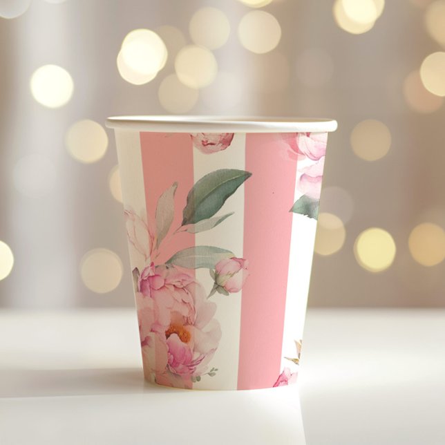 Paris theme pink stripes floral peony bridal paper cups (Creator Uploaded)