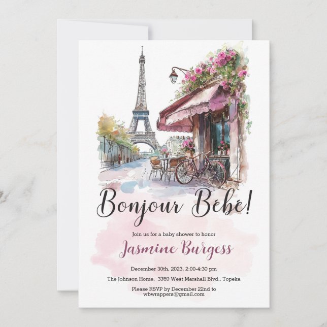 Paris themed Baby Shower Invitation - Bonjour Bebe (Front)