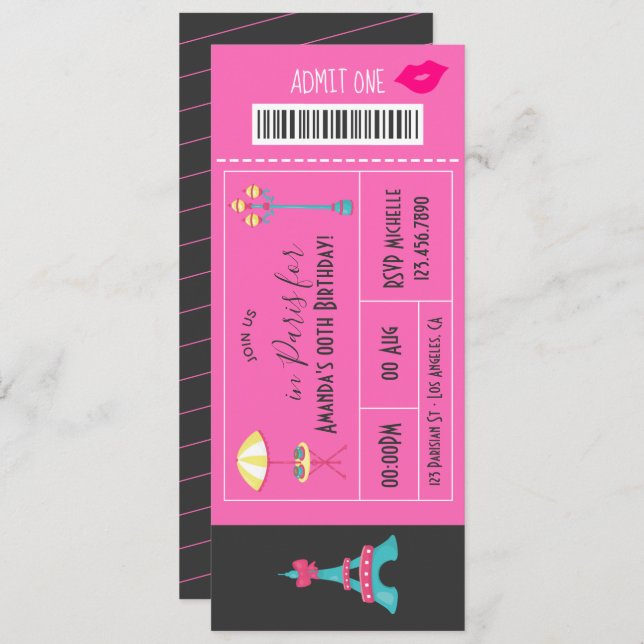 Paris themed Birthday Party Show Ticket Invitation (Front/Back)
