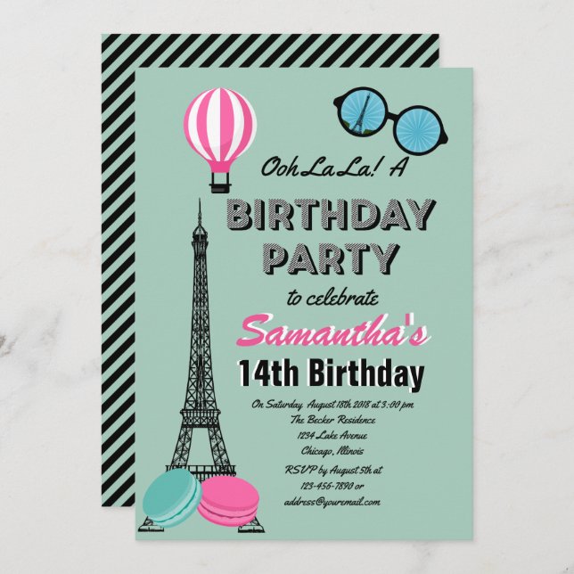 Paris Themed Happy Birthday Invitation Card (Front/Back)