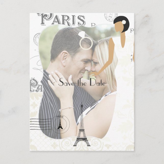 Paris Themed White Wedding Save the Date add photo Announcement Postcard (Front)