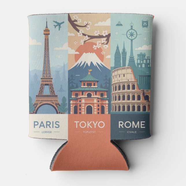 Paris Tokyo Rome Place Cab Sleeve Can Cooler (Front)