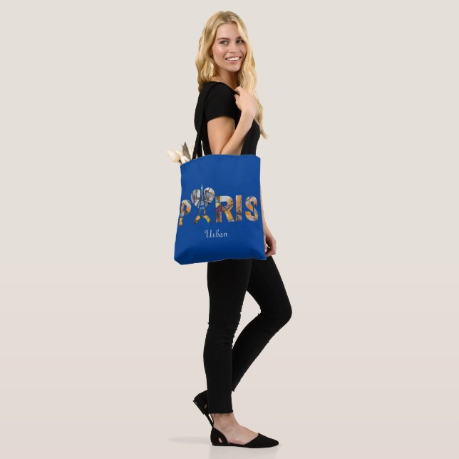 Paris Urban Art Tote Bag – Eiffel Tower Typography (On Model)