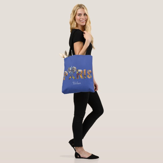 Paris Urban Art Tote Bag – Eiffel Tower Typography (On Model)