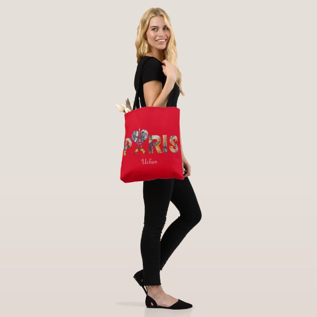Paris Urban Art Tote Bag – Eiffel Tower Typography (On Model)