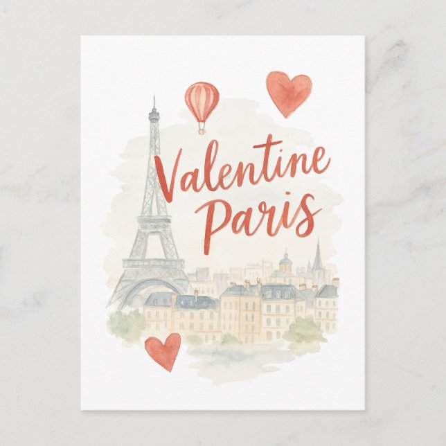 Paris Valentine Watercolor Card – Eiffel Tower  (Front)