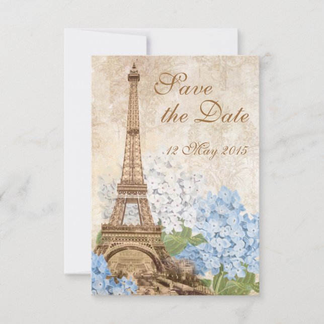Paris Vintage Blue Hydrangea Save the Date (Front)