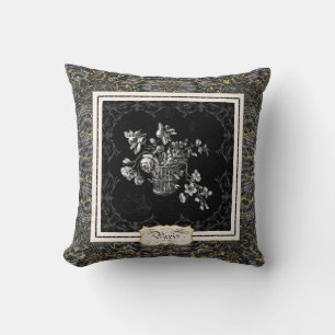 Paris Vintage Flowers Marble Black n Gold Glitter Cushion