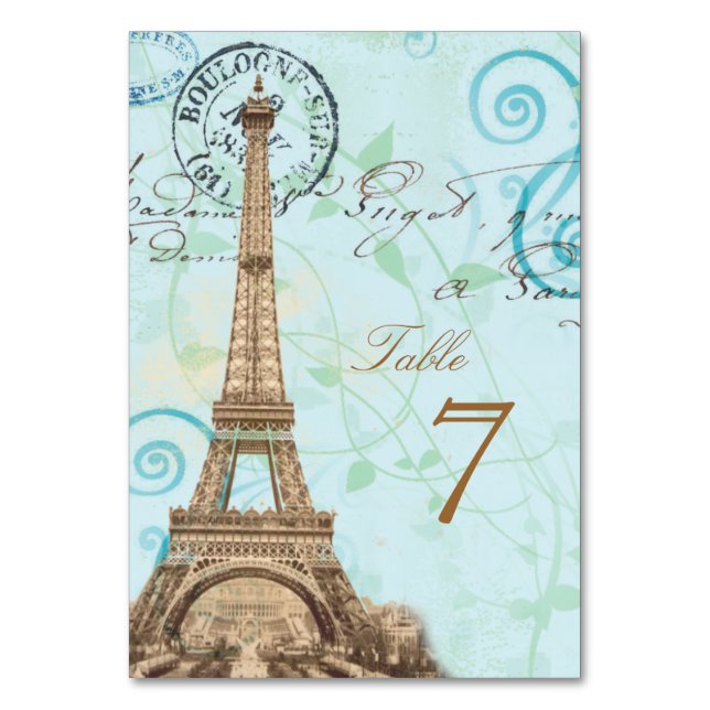 Paris Vintage French Writing Aqua Table Card (Front)