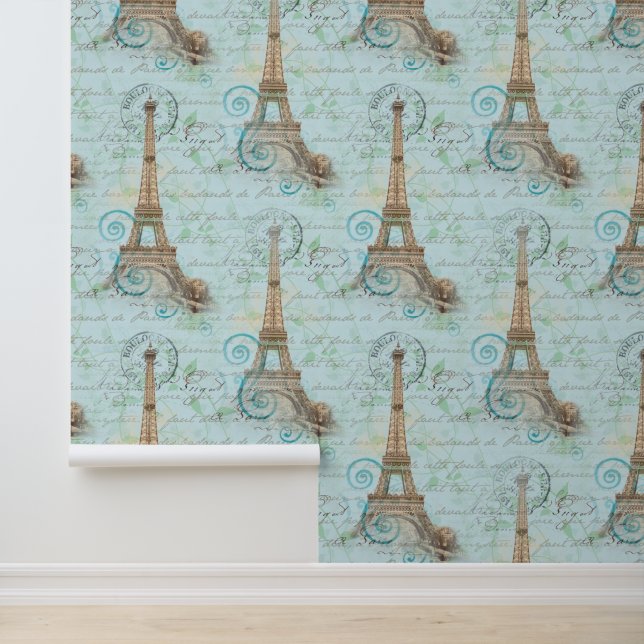 Paris Vintage French Writing Aqua Wallpaper (Application)