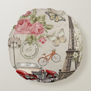 Paris vintage postcard. round cushion