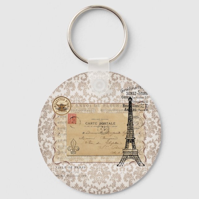 Paris Vintage Shabby Chic Eiffel Tower Key Ring (Front)