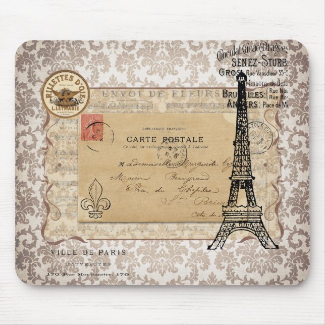 Paris Vintage Shabby Chic Eiffel Tower Mouse Pad (Front)
