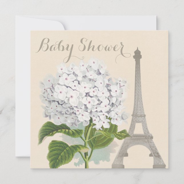 Paris Vintage White Hydrangea Flower Baby Shower Invitation (Front)