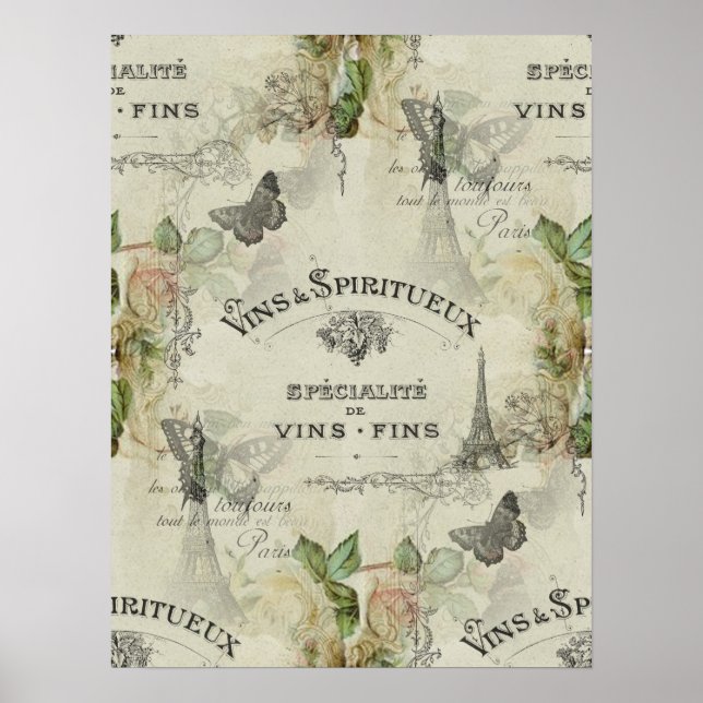 Paris Vintage Wine and Roses Art Poster or Print (Front)