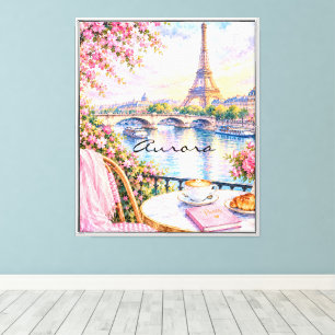 Paris Watercolor Eiffel Tower Pink Floral French Canvas Print
