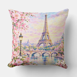 Paris Watercolor Eiffel Tower Pink Floral French Cushion