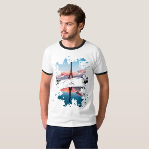 Paris Watercolor Splash Art T-Shirt Eiffe Tower