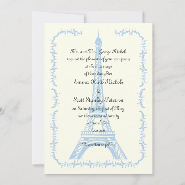 Paris wedding blue Eiffel Tower ivory invitation (Front)