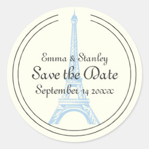 Paris wedding blue Eiffel Tower Save the Date Classic Round Sticker